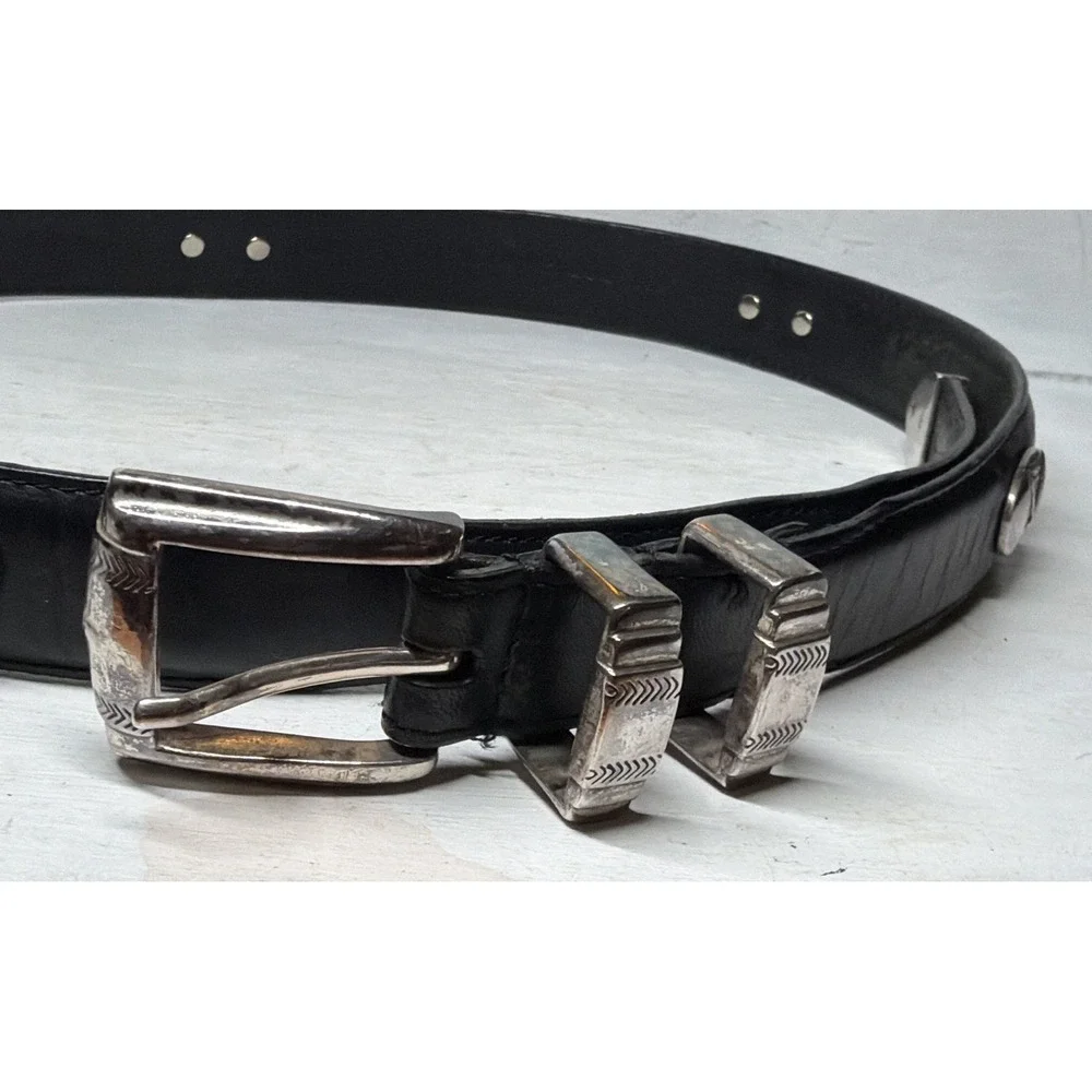 Men's Golf Black Top Grain Oil Tan Leather Belt with Nickel Hardware Size 34 VTG